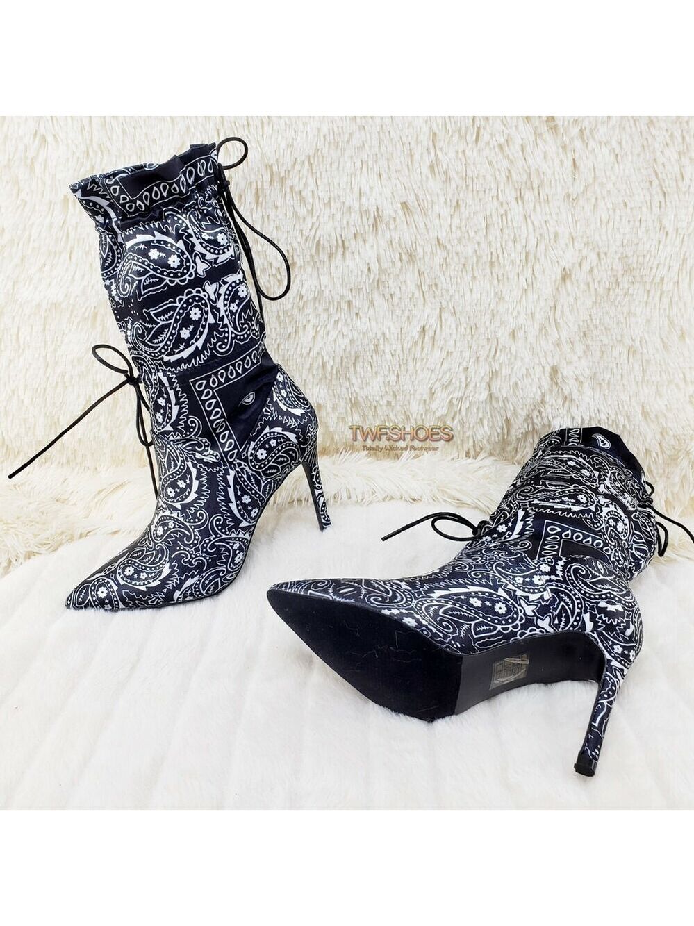 NIB Bandanna Madness Drawstring 4" Stiletto High Heel Mid Calf Boots Black - Picture 2 of 11